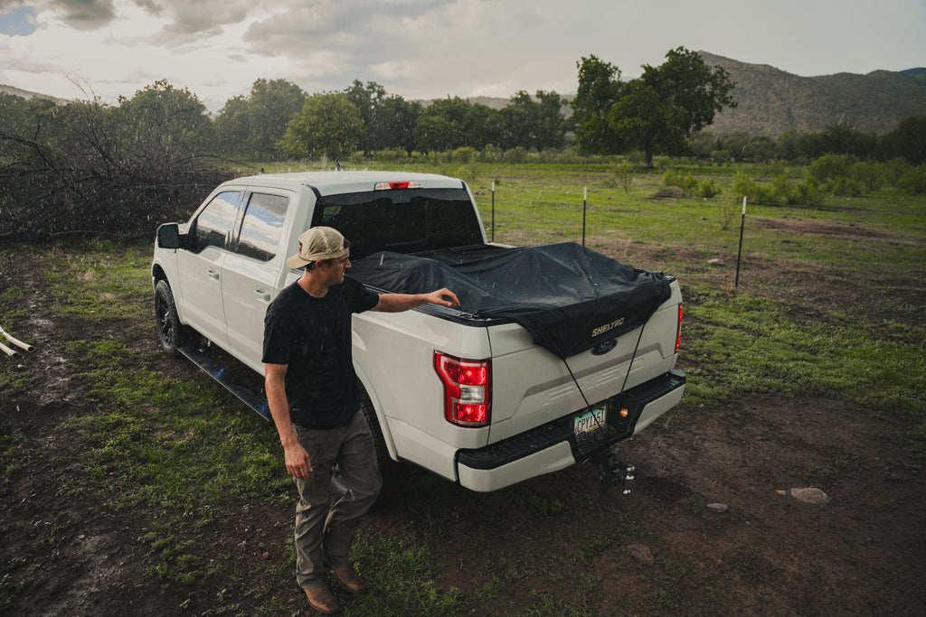 Sheltrd flexible truck bed cover on a Ford F-150 during rain and wet weather